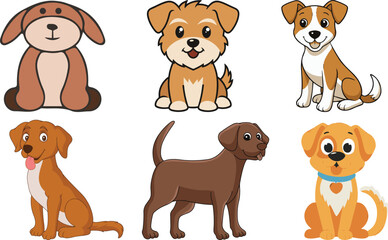 Set of Six Cute Cartoon Dogs and Puppies Vector Illustrations