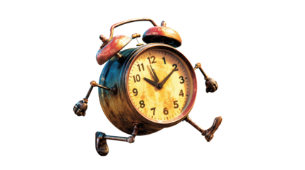 Vintage Alarm Clock Running, Surreal Time Concept Isolated on Transparent Background