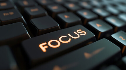 Close-up shot of a keyboard with an emphasis on the 'FOCUS' key, subtly illuminated. Dark, moody tones enhance the concept of concentration and the digital workspace.