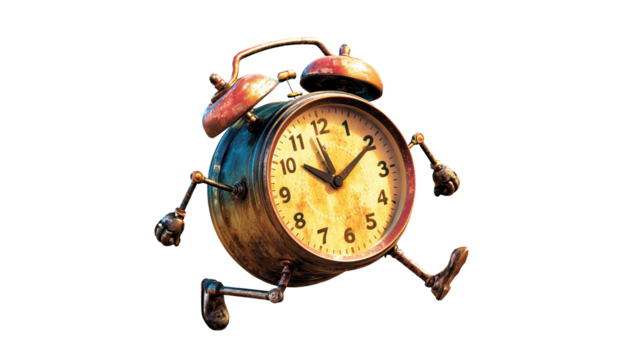 Vintage Alarm Clock Running, Surreal Time Concept Isolated on Transparent Background