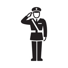 Black Silhouette Military Officer Saluting in Bold Clean Modern Vector Icon.