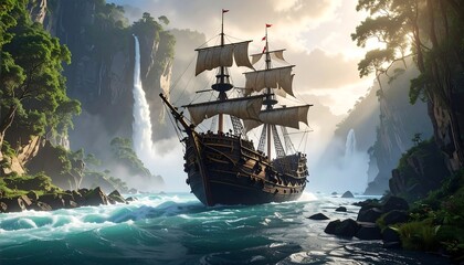 Tall ship navigates through turquoise waters, past lush cliffs, and a majestic waterfall under a bright, cloudy sky