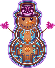Cyber Gingerbread Snowman with Neon Circuits and Festive Hat – Vibrant Holiday Vector Art for Christmas Joy