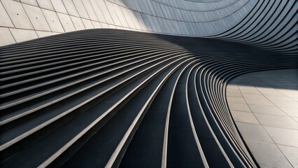 Obraz premium Curved Staircase with Flowing Panels – Modern Architecture, Fluid Design, Integrated Functionality, Light Surface, Dark Grooves, Contemporary Aesthetic