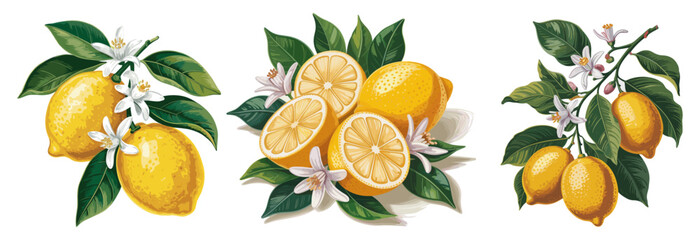 Vintage-style botanical triptych of bright yellow lemons, green leaves, and white citrus blossoms. Detailed whole and sliced lemons arranged in a clean, balanced three-panel composition