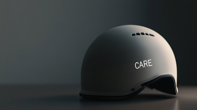 A helmet with the word 'CARE' emphasizing safety and caution. The smooth design and muted colors provide a modern, minimalist aesthetic for protection and support.