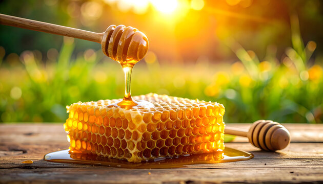 Honeycomb with dripping honey symbolizes nature’s sweetness and purity. - Powered by Adobe