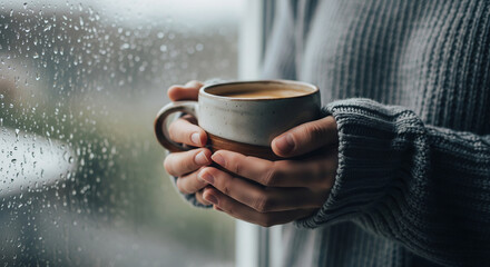 Cozy Morning with Coffee by a Rainy Window.