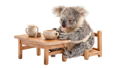 Cute Koala Drinking Coffee at Tiny Wooden Table, Whimsical Animal Concept