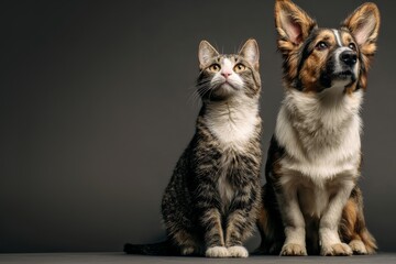 A grey cat and a dog sitting over grey background.