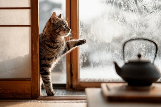 Cat Pawing at a Snowy Window in Warm Japandi Morning Light