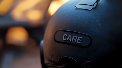 Close-up of a helmet with the word "CARE" prominently displayed, emphasizing the importance of protection and well-being. Focus is on detail and conveying a message of thoughtfulness.