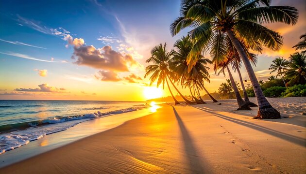 Sunset on a tropical beach with palm trees and gentle waves lapping the sandy shore under a colorful sky - Powered by Adobe
