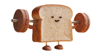 Cute Bread Slice Character Lifting Heavy Barbell, Funny Food Mascot Isolated