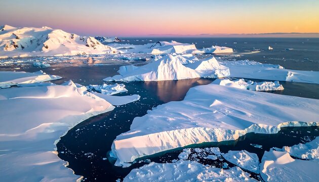 Aerial view of a frozen seascape with icebergs, mountains, and open water