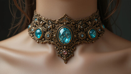 Choker necklace with turquoise stones, elegant, close-up on a model's neck, dark background
