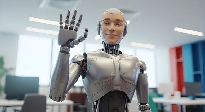 Anthropomorphic robot hello waving in a vibrant, modern workspace, soft diffuse lighting highlighting intricate joints and facial expressions