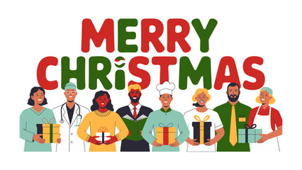 Holiday Greetings of Unity: A festive message of Merry Christmas is framed by a diverse group of individuals, each holding a gift, symbolizing unity and goodwill during the holiday season.