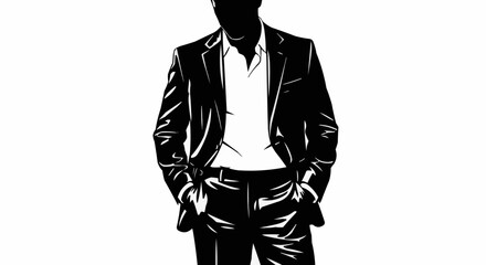 High contrast black and white illustration of a man in a suit.