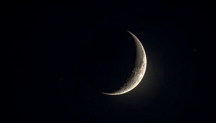 Thin, crescent moon glows against a dark, starlit night sky. Detailed lunar surface visible on the illuminated edge