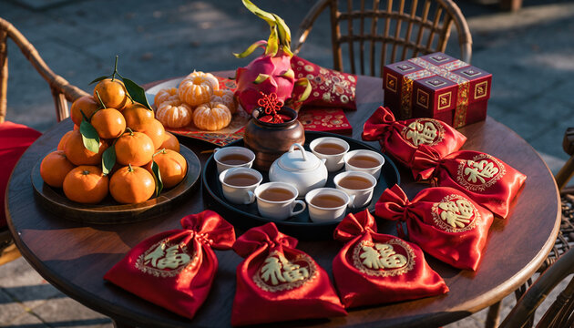 A festive table setting for Lunar New Year featuring mandarin oranges, dragon fruit, tea, and red fortune bags in warm sunlight.