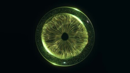 Abstract green eye like glows dark background. intricate lines particles hypnotic effect. AI, nature, or technology. Futuristic, technology, digital, interface, holography, biometric, innovation - Powered by Adobe