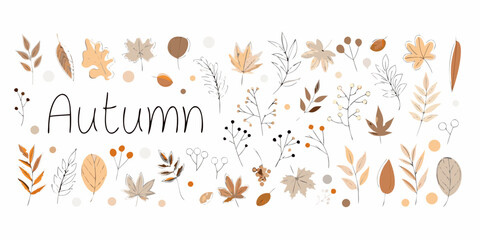 Autumn text surrounded by hand drawn fall leaves and branches in warm neutral colors
