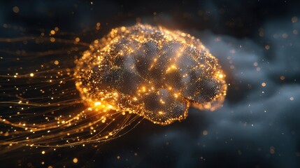Illuminated brain with glowing connections and particles against a dark background