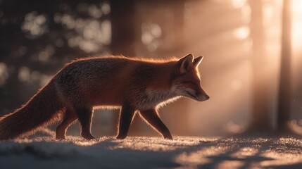 Fox walks through a sunlit forest during early morning hours in winter
