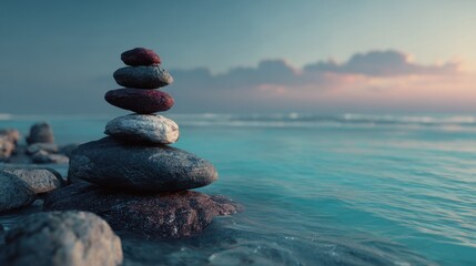 Stacked stones balance on the shore with calm ocean waves at sunset
