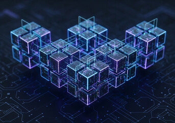 Futuristic Abstract Cube Structure with Digital Circuits and Neon Glows symbolizing data and technology