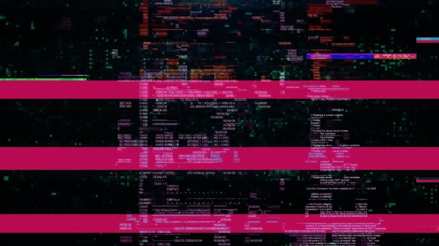 Glitch Coding monitor software digital background. Coding glitch data screen abstract background. Error signal Virus code software hack Cyber security cyberattack malware hacking bug encryption noise