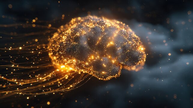 Illuminated brain with glowing connections and particles against a dark background - Powered by Adobe