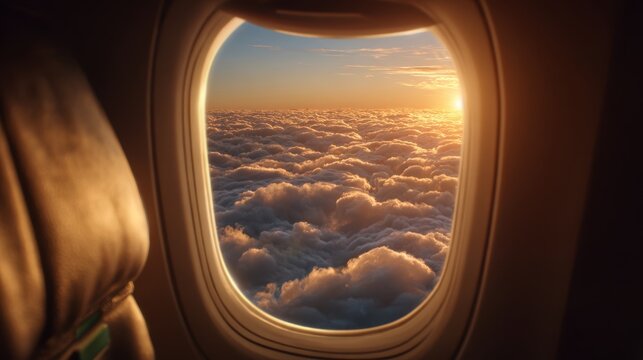 Beautiful sunset view from airplane window above fluffy clouds during evening flight