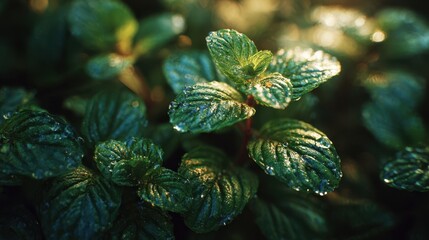 Fresh mint leaves glistening in the morning light after a gentle rain shower in a garden