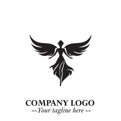 Elegant Black Angel Woman Silhouette Logo Symbol on White Background