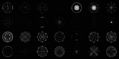 Collection of abstract glowing energy spheres and orbs with intricate patterns and light effects on a black background