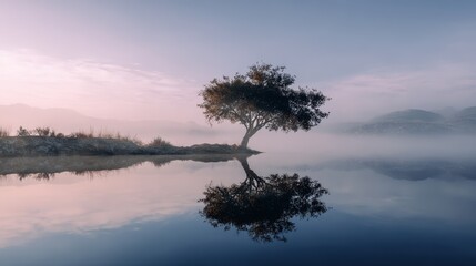 Morning fog blankets a serene lake with a solitary tree reflecting in calm waters at dawn