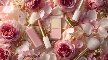 Beauty products arranged among soft pink roses and delicate petals during springtime