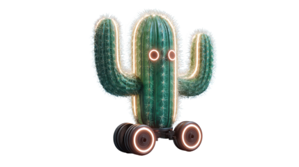 Futuristic Cactus Robot on Wheels, Neon Sci-Fi Character Isolated