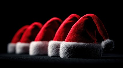 Five red Santa hats lined up on a dark background for festive decoration
