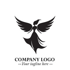 Elegant Black Angel Woman Silhouette Logo Symbol on White Background