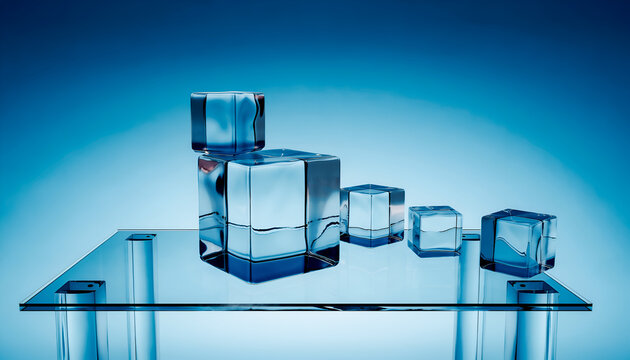 Clear Ice Cubes Arranged In A Decreasing Bar Chart Formation On A Reflective Glass Surface Against A Gradient Blue Background With Studio Lighting - Powered by Adobe