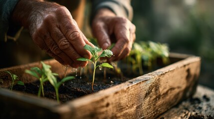 Gardener tending seedlings in a wooden planter during a sunny afternoon in a serene garden setting
