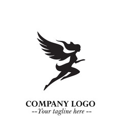 Elegant Black Angel Woman Silhouette Logo Symbol on White Background