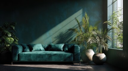 Cozy indoor scene featuring a teal sofa and lush plants in natural light