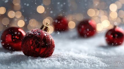 Red Christmas ornaments surrounded by soft snowflakes and warm bokeh lights create a festive winter scene