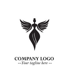 Elegant Black Angel Woman Silhouette Logo Symbol on White Background