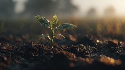 Small green plant emerging from dark soil in early morning light with dew drops glistening