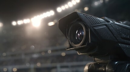 Camera focuses on action during a sports event in a stadium filled with bright lights and excited fans